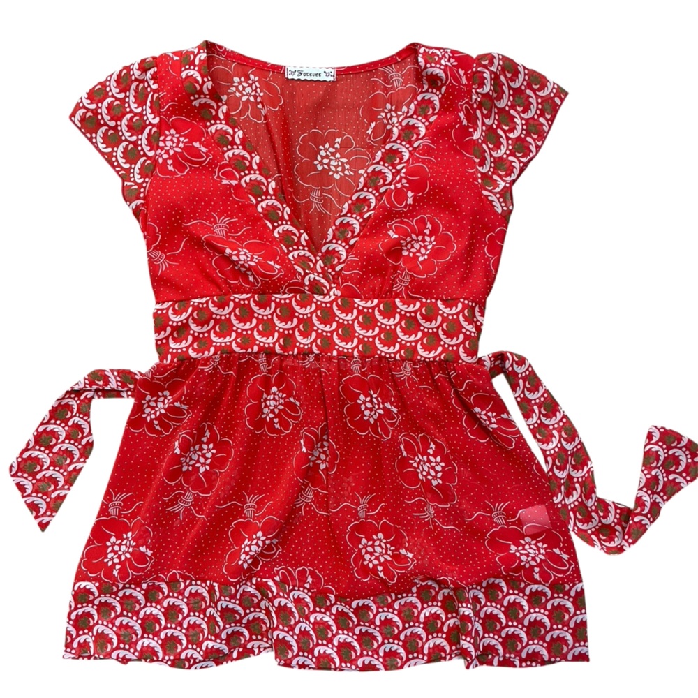 Y2K F21 Boho Babydoll Top SM Red Sheer Floral Hippie Soft Grunge 00s Paris VTG